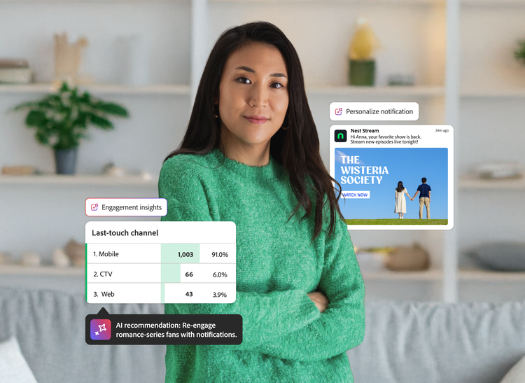 Illustration présentant les indicateurs d’engagement de l’audience sur plusieurs canaux, associés à des recommandations optimisées par l’IA basées sur ces insights