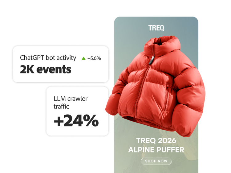 Publicité présentant une doudoune rouge avec des mesures de performances indiquant 2 000 mentions Chat GPT et une augmentation de 24 % des conversions LLM.