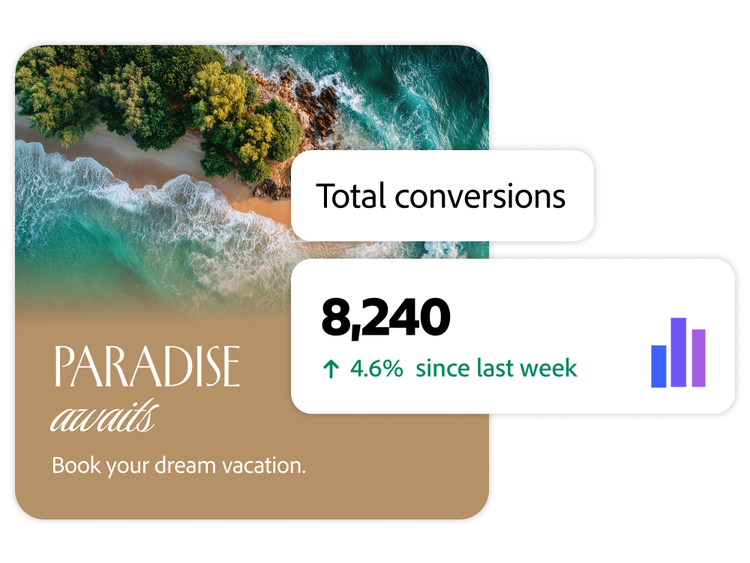 Tableau de bord analytique montrant les conversions attribuées de 1,2 M $, la progression de l'objectif T4 à 75 %, le total des conversions, les utilisateurs uniques, les réponses positives et un graphique en barres des conversations quotidiennes.