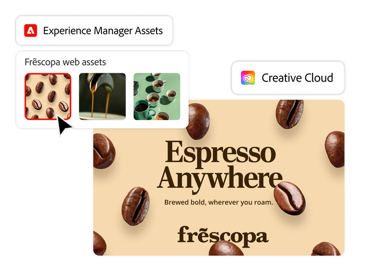 Publicité pour du café créée dans Adobe Express à partir d’assets du DAM connecté