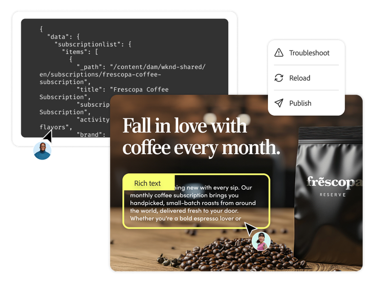 Développeur ou développeuse écrivant du code et spécialiste marketing éditant un site web consacré au café en même temps