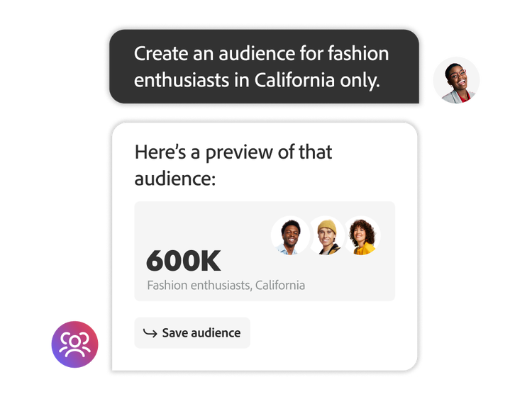 Interface affichant un prompt pour créer une audience de 600 000 adeptes de la mode vivant en Californie, avec trois icônes de profil et un bouton pour enregistrer l’audience