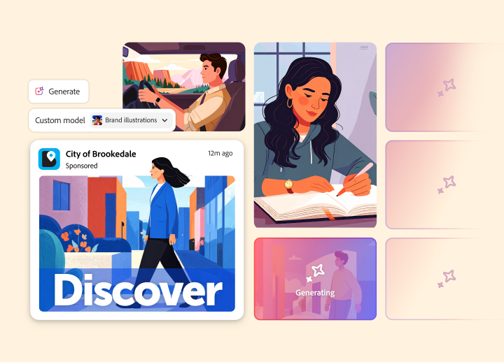 Série d’illustrations conformes à l’identité de marque représentant des personnes au travail, générées à partir d’un modèle personnalisé