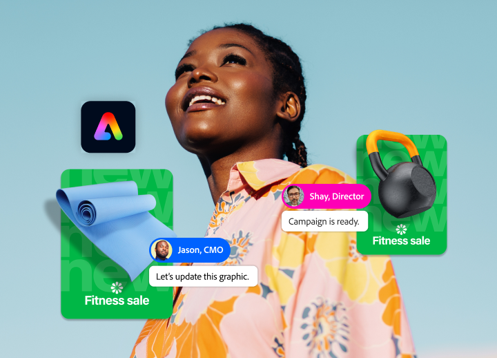 Image d’une femme souriante regardant au loin, sur laquelle sont incrustés le logo Adobe Express, des images approuvées pour une campagne et les commentaires de validation de deux collègues