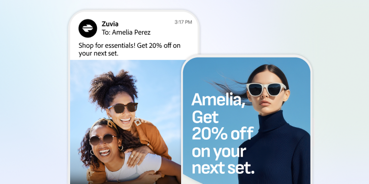 Offre personnalisée incluant le nom de la personne ciblée dans le cadre d'une promotion mode et une notification mobile ainsi qu'un visuel percutant renforçant le message à propos d'une remise de 20 %