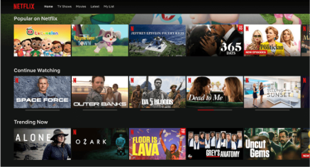Netflix interface which highlights machine learning in practice.