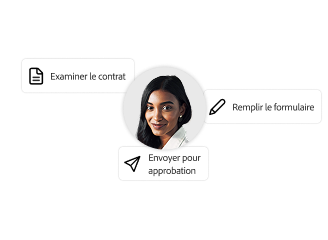 Photo d’une femme à côté de boîtes de texte affichant « Examiner le contrat », « Remplir le formulaire » et « Envoyer pour approbation ».