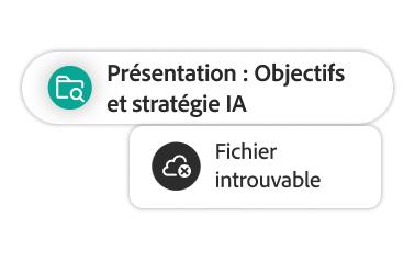 Boîtes de texte affichant « Présentation des objectifs et de la stratégie IA » et « Fichier introuvable ».