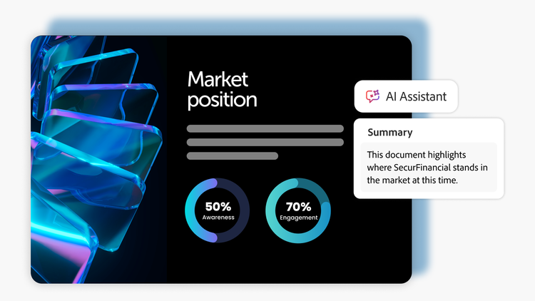 Tableau de bord de position sur le marché avec résumé IA et graphiques montrant 50 % de sensibilisation et 70 % d’engagement