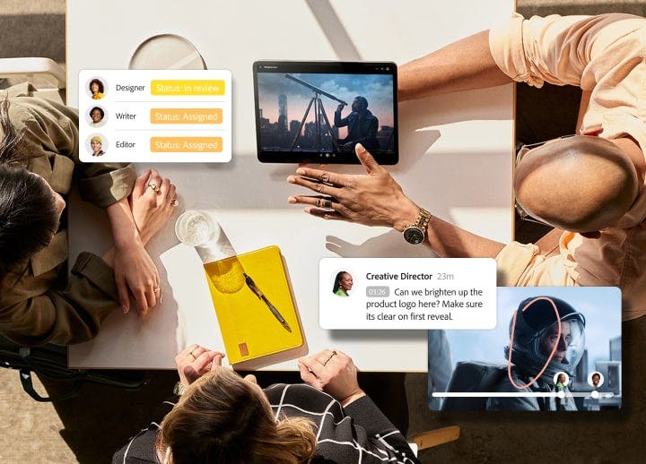 Vue de haut de trois collègues assis à une table autour d’une tablette, superposition d’icônes de collaboration et de révision issues des outils de production vidéo d’Adobe