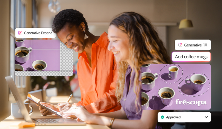 Images de tasses à café créées avec les outils Extension générative et Remplissage génératif