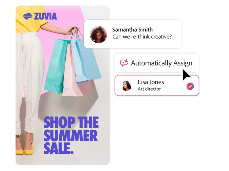 Fichiers créatifs d’une campagne pour les soldes examinés dans Workfront avec attribution automatique d’une tâche à une directrice artistique pour validation