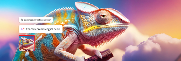 A multicolored chameleon generated from an AI prompt and labeled as commercially safe.