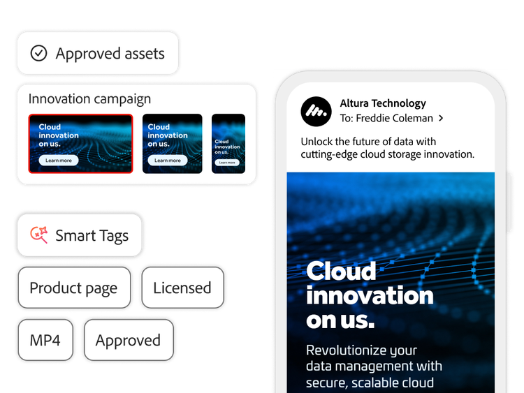 Advertising campaign assets displayed with approved formats and tags.