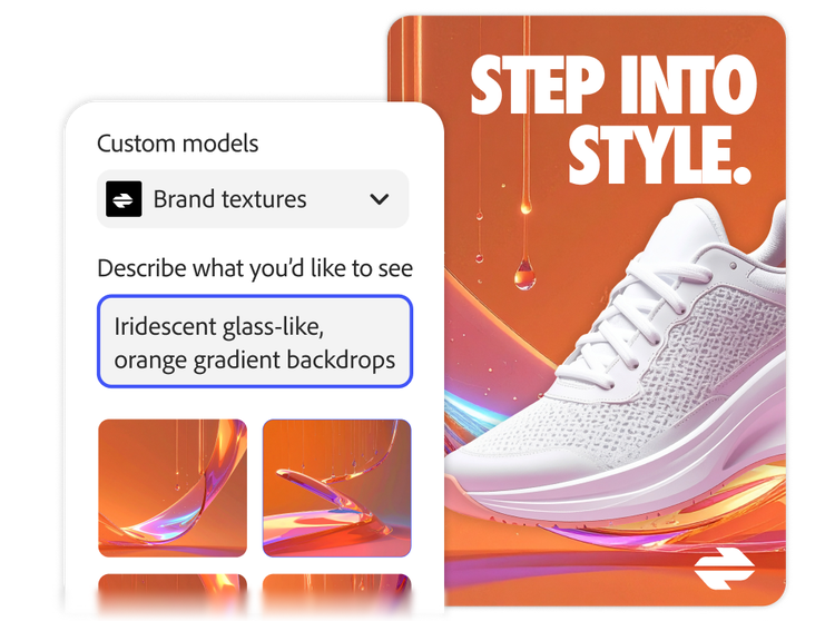 Adobe Express user interface showing the creation of an ad for a cleaning supply company using AI-generated custom models.