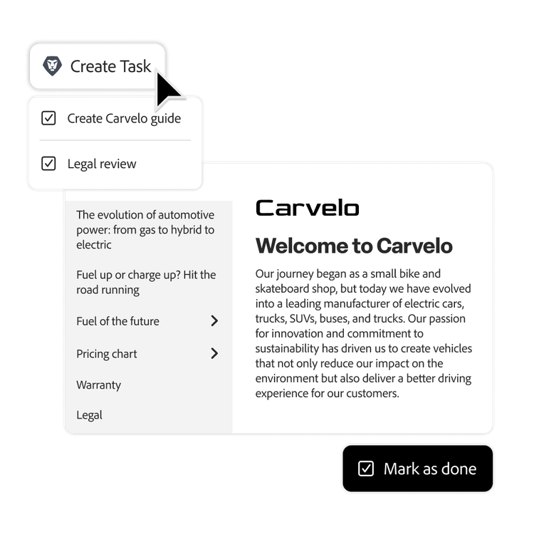 An Adobe Workfront task being created directly inside Experience Manager Guides.