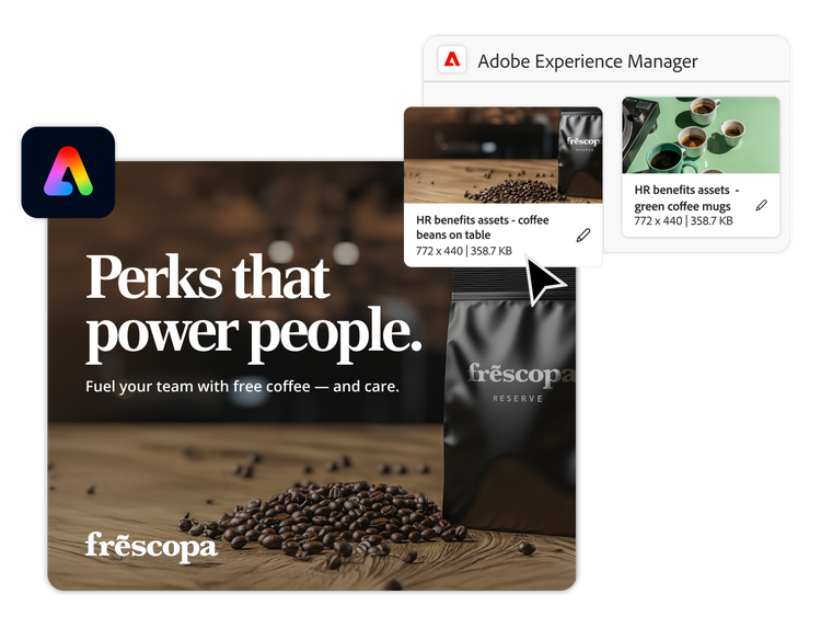 A coffee ad using approved Experience Manager Assets images for a new background