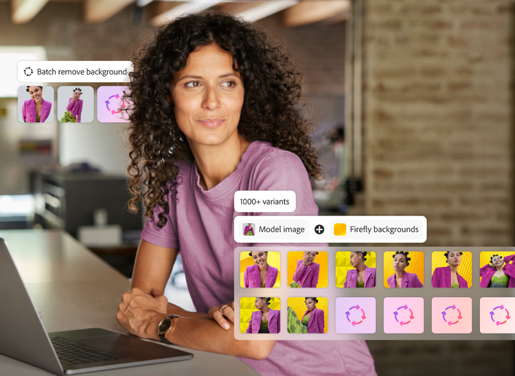 The Adobe Firefly user interface displays an image of a smiling woman surrounded by variations from a model image and the background removal tool.