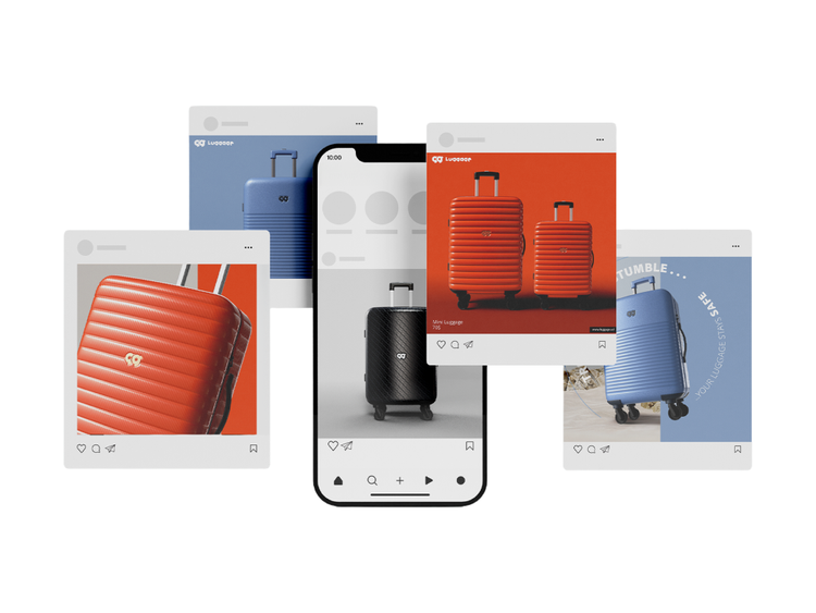 Multiple luggage assets being used in various types of ads