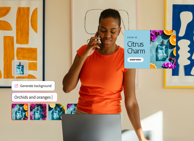 Creative professional on the phone with AI-generated perfume ads and a prompt to generate orchids and oranges