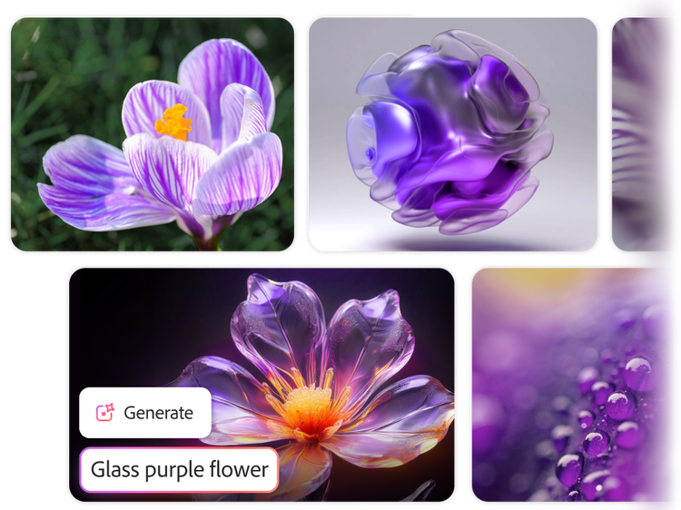 Four AI-generated images created from a prompt to create a glass purple flower.