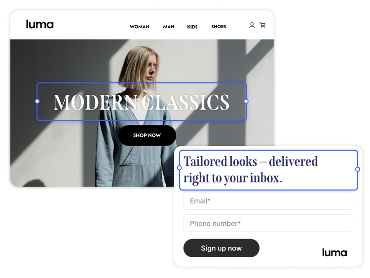 Apparel brand simultaneously updating website headline and form