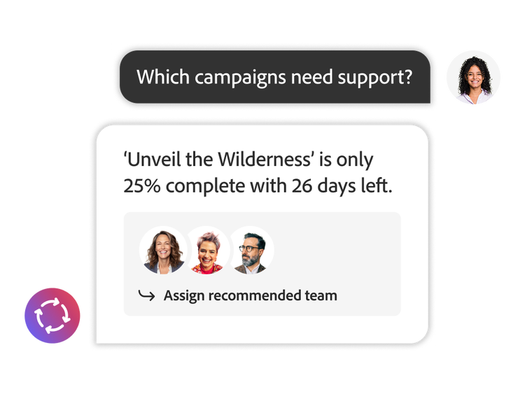 Campaign support alert - Unveil the Wilderness 25% complete, 26 days left, with team assignment.