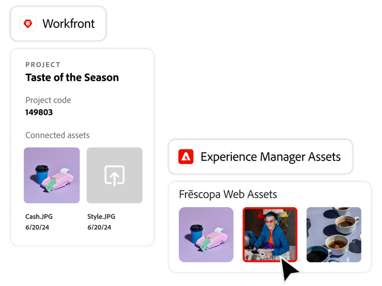 Screens of connected campaign assets in Workfront and Experience Manager Assets