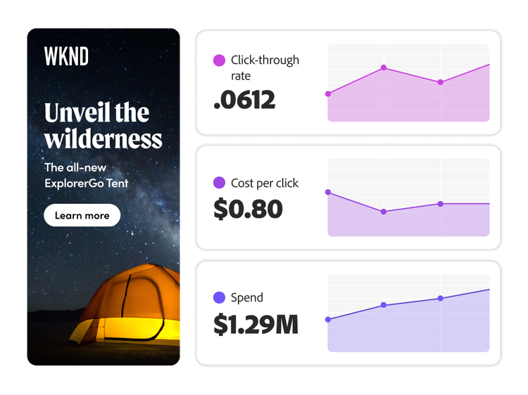 A wilderness ad next to three analytics charts showing the click-through rate, cost per click, and marketing spend.