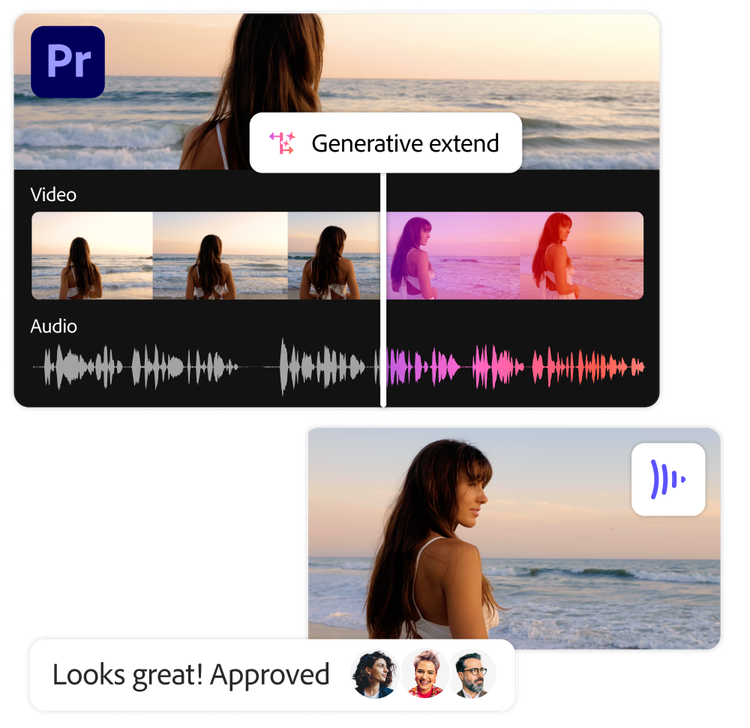 Adobe Premier Pro interface showing a video ad being created with Generative Expand, overlayed with a coworker’s approval comment.