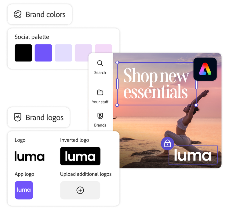 Adobe Express user interface showing an AI-generated yoga ad with options for on-brand colors and logos.