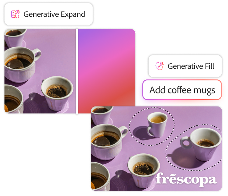 Two ads for a coffee company generated using Generative Expand and Generative Fill features.