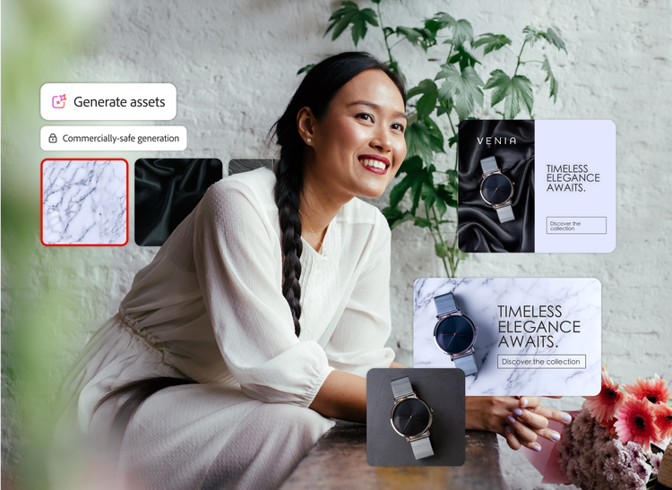 A smiling seated woman overlayed with AI-generated watch ads showing that the ads are commercially safe.