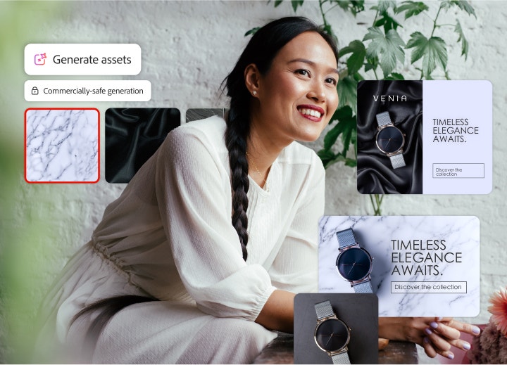 A smiling seated woman overlayed with AI-generated watch ads showing that the ads are commercially safe.