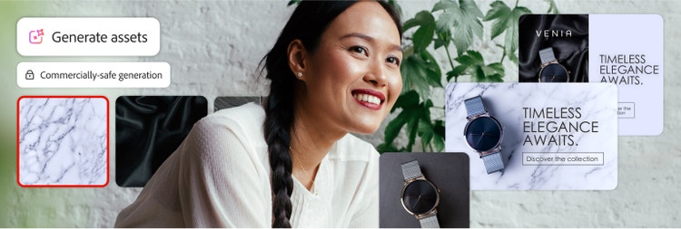 A smiling seated woman overlayed with AI-generated watch ads showing that the ads are commercially safe.