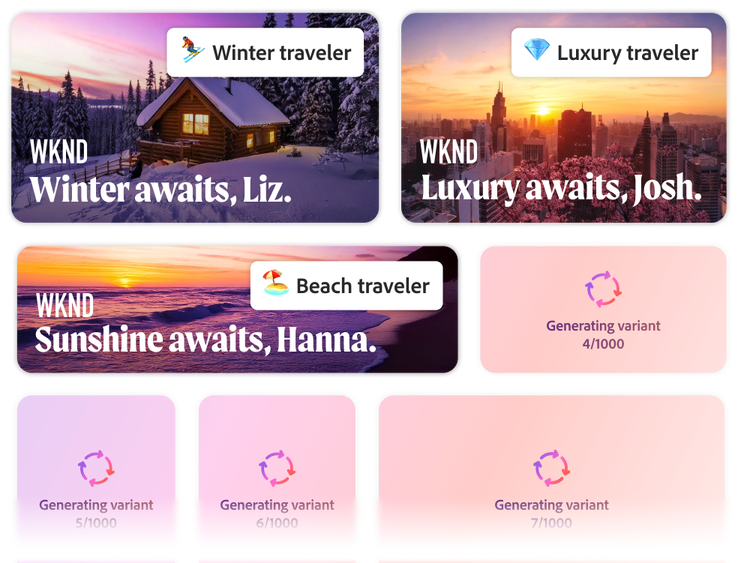 Three versions of a personalized ad designed for winter travelers, luxury travelers, and beach travelers, alongside indicators that more variants are being generated.