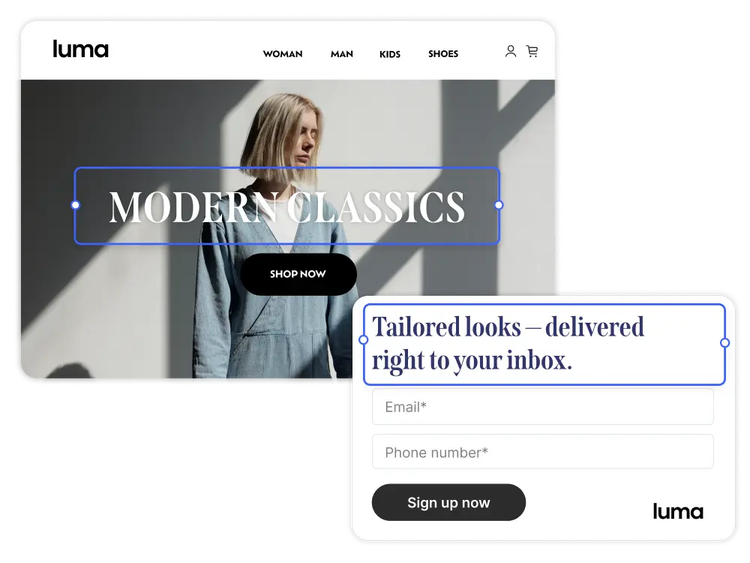 Apparel brand simultaneously updating website headline and form