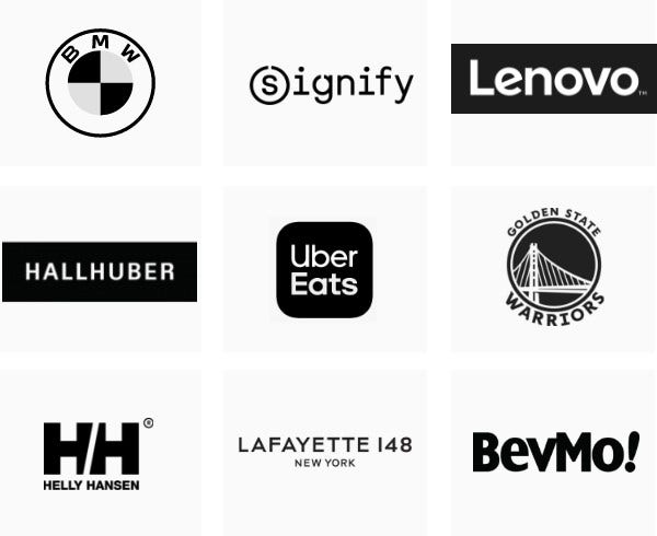 BMW, Signify, Lenovo, Hallhuber, UberEats, Golden State Warriors, Helly Hansen, Lafayette 148, Bevmo!