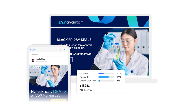 Avantor desktop and mobile website highlighting 182% increase in year to date revenue