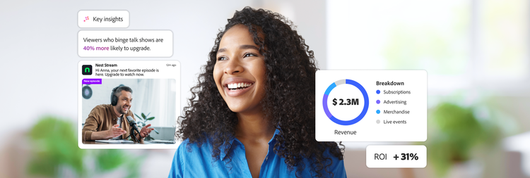 A viewer receives personalised streaming insights and upgrade offers powered by Adobe’s real-time data and AI-driven recommendations.