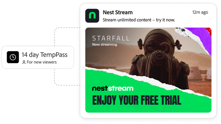 A Nest Stream ad features a sci-fi astronaut with the text STARFALL Now streaming. Below, a torn graphic reads, ENJOY YOUR FREE TRIAL. A box on the left offers a 14 day TempPass for new viewers.