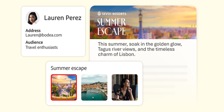 Interface showing Adobe Experience Platform with a high propensity score of 560K, Viking cruise image, welcome message for Lucas and asset personalisation options featuring Scenic Viewpoints.