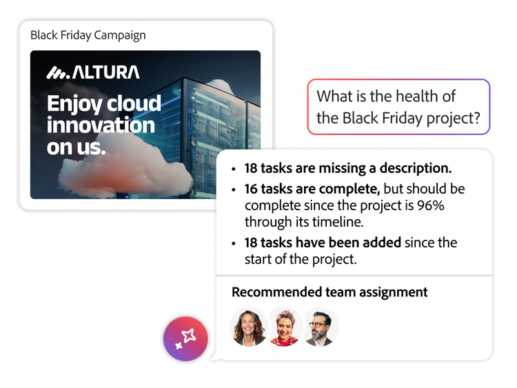 Adobe Workfront screenshot showing a Black Friday campaign card and a project health summary with task status and recommended team assignment.