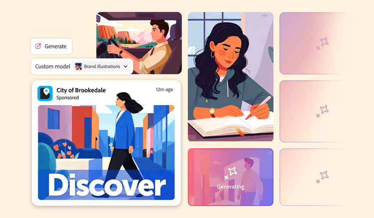 A set of on-brand illustrations of people working that was generated from a custom model