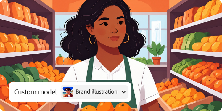 A custom model for brand illustrations showing a supermarket employee in a produce aisle