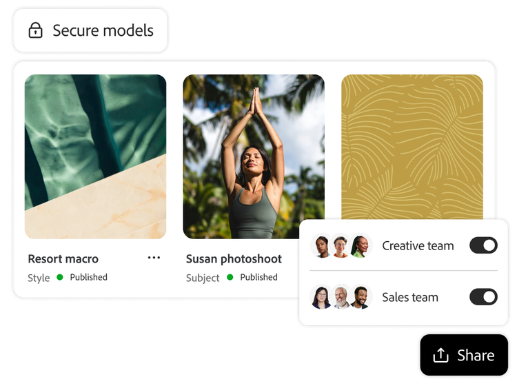 Firefly interface shows three secure models with share permissions enabled for the creative and sales teams