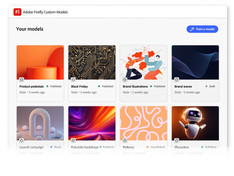 https://main--da-bacom--adobecom.aem.page/assets/videos/products/firefly-business/custom-models/media_1e780208ee902a67c3941bc4def1a0865da57a2d2.mp4#_autoplay1 | Adobe Firefly custom models interface showing a selection of available models for different campaigns