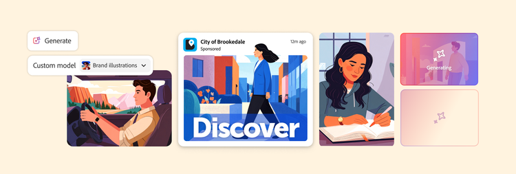 A set of on-brand illustrations of people working that was generated from a custom model