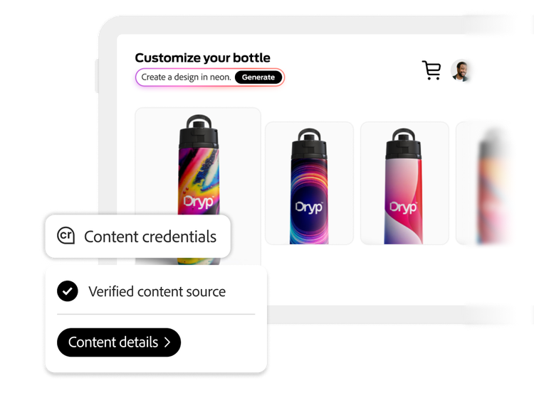 An online shop invites users to customise their own water bottles and displays four sample designs.