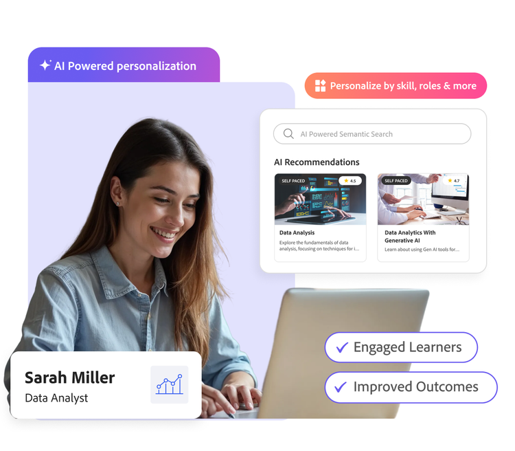 Illustration of AI-powered personalisation showing interconnected user profiles, data points and adaptive learning paths.